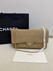 Elegant Beige Suede Quilted Flap Chain Bag Ladies Turn   lock Shoulder Handbag