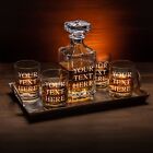 Custom Text Whiskey Decanter   Drinking Glasses Set - Engraved Whisky Glassware