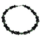 Antique Black Onyx Or Black Jade  Carved Stone Bead   Glass Silver Bead Necklace