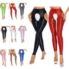 Us Womens Glossy High Waist Cut Out Leggings Solid Color Skinny Yoga Pants