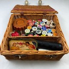 Vintage Rattan Wicker Leather Sewing Basket Box With Sewing Notions 14 x12 x5 5 