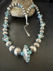 Navajo Pearls Blue Kingman Turquoise Sterling Silver Necklace 23    19449