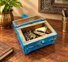 Rustic Blue Wooden Treasure Chest Box   Vintage Style Dome Top Keepsake Storage