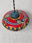 Tin Litho Circus Zebra Spinning Top W  Pump Handle     Mid-century Metal Toy Vtg