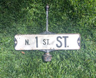 Vintage 24   Porcelain Enamel Embossed Street Sign With Cast Iron Pole Topper