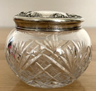 Vtg International Sterling Repousse Top Cut Crystal Vanity Dresser Jar Art Deco