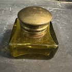 Antique Victorian Crystal Amber Inkwell Cut Faceted Glass Brass Hinged Lid 3 5   