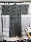 Vintage Long Dark Green  Black And Gold Silk Tsumugi Japanese Kimono