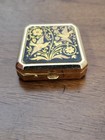 Vintage Damascene Style Pill Box Gold Tone Bird Floral Black Enamel Divided Case