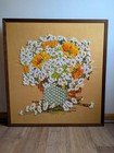 Vtg Mcm 70s Crewel Yarn Embroidery Yellow Floral Wall Art Wood Framed Apx 28x26 