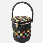 Vintage Wicker Basket Lidded Handle Sewing Boho Colorful Storage Decorative  