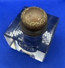 Antique Crystal Glass Faceted Heavy Inkwell W  Bronze Lid Excellent Condition 