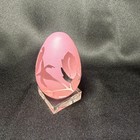 Vtg Pink Frosted Glass Egg Paperweight W etched Rose Leaves Acrylic Stand Euc