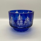 Vintage Cobalt Blue Tea Light Votive Holder Trees Clear Cut Crystal Glass Decor