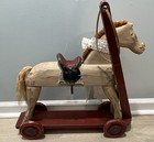Antique Primitive Folk Art Wooden Horse Pull Toy On Wheels Leather Saddle 22   