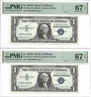1957b  1 Silver Certificates  4 Consecutive Pmg Superb Gem Uncirculated 67 Epq 