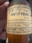 Vintage Old C 1930s Merck Antipyrine Usp Apothecary Bottle Potent Drug Label
