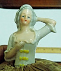 Antique Art Deco Porcelain Half Doll Pin Cushion Woman Holding Breast   Head