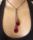 Vintage Lariat Necklace Antique Art Nouveau Red Czech Glass Pendants