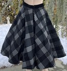 Vintage 1950 s Black   White Plaid Taffeda   Velvet Full Circle Skirt