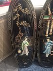 Vintage Chinese Oriental Black Lacquer Wall Art Plaque Lot Of 3