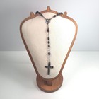 Vintage Black Bead Rosary Necklace Silver Tone Crucifix Catholic Prayer Beads