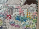 Antique Beautiful Crewel Embroidery   Cottage With Flowers  Framed  1930 