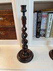 Pair Antique Tall 14    English Oak Open Barley Twist Candlesticks