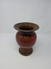 Vintage Ceramic Pottery Red Orange Paneled Brown Planter Vase