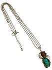 Vintage Navajo Sterling Silver Large Turquoise   Coral Pendant With Necklace