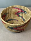 Vintage Coiled Raffia Grass Basket With Colorful Geometric Pattern