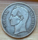 1936 Venezuela 5 Bol  vares  900 Silver 25g Coin - Simon Bolivar Good Condition