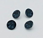 4 Antique Victorian Jet Black Glass Mourning Buttons Metal Shank Floral Fan