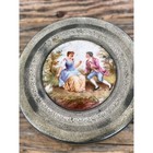 Antique 1920s Tin Metal Music Box Powder Puff Porcelain Courting Couple Top