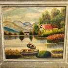 Vintage Mountain Lakeshore Boats Painting Gold Gilded Wood Frame Signed Original