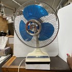 Vtg Lasko 12    Oscillating Fan Galaxy Blue Blades Table Desk W wood Stand  tested