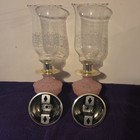 Vintage Hurricane 2 Way Candle Lamps  Frosted Pink Glass  Etched Chimneys  14 In