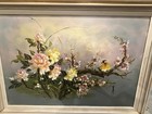 Vintage Asian Floral Oil Painting Canvas Framed Cherry Blossom Peony Signed Art
