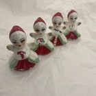 Vintage 1950s Christmas Pixie Elf Girls Ceramic Figurines Spaghetti Trim Set 4