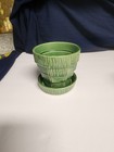 Mccoy Vintage Green Basket Weave 4-inch Flower Pot Planter With Attached Saucer