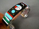 Colorful Native American Multi-stone Inlay Sterling Silver Zia Sunface Bracelet