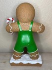 Gingerbread Man Figurine - Christmas Decor - Green Overalls Candy Cane