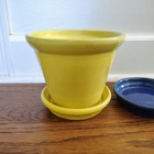 Vintage U s  Pottery Yellow Flower Pot   Saucer Base Blue Mid Century Modern