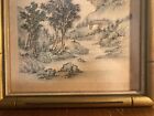Antique Japanese Water Color Painting On Silk  Beautiful Frame Mountains Trees