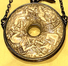 Vtg Replica Of Antique German Doughnut Shape Powder Flask- 3-d Figures Design