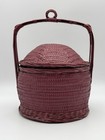 Vintage Asian Chinese Purple Oxblood Woven Wedding Basket W  Domed Lid 8 x8 