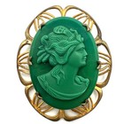 Antique Vintage Molded Emerald Green Glass Cameo Gold Tone Brass Brooch