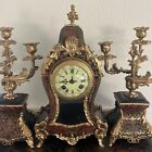 Antique Louis Xv Mantel Clock   2 Candelabras Hand Painted Wood And Bronze