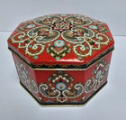 Vtg English Octagonal Metal Tin Red   Multi Color Paisley Design England