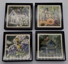 Cardboard Coasters Framed Birds Blooms Butterflies Birdhouses Lot Of 4 Vtg